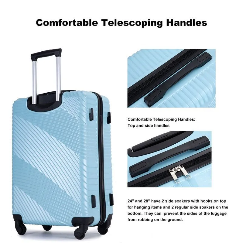 3 Piece PC ABS Suitcase Luggage Sets with Two Hooks and Spinner Wheels,Aqua Blue