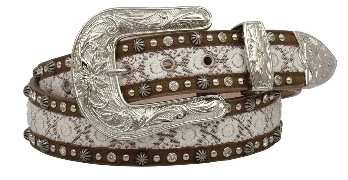 3D Lace Inlay Distressed Leather Belt - Womens Belt (Closeout)