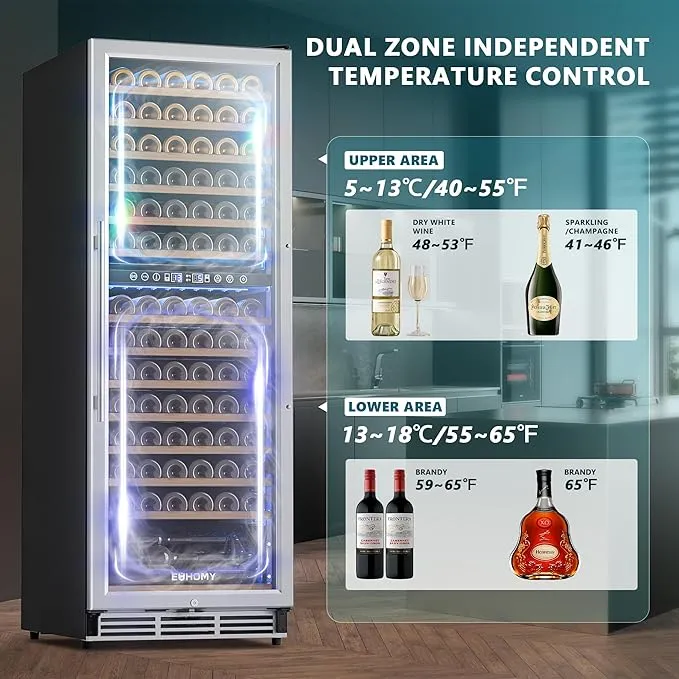 EUHOMY 24 Inch Wine Fridge Dual Zone, 154 Bottle Wine Cooler Refrigerator with Glass Door, Powerful Compressor Cooling
