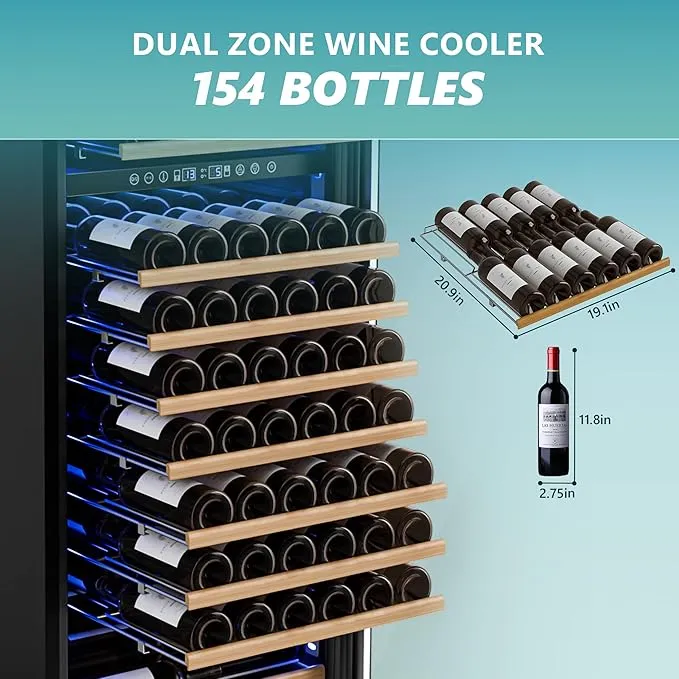 EUHOMY 24 Inch Wine Fridge Dual Zone, 154 Bottle Wine Cooler Refrigerator with Glass Door, Powerful Compressor Cooling