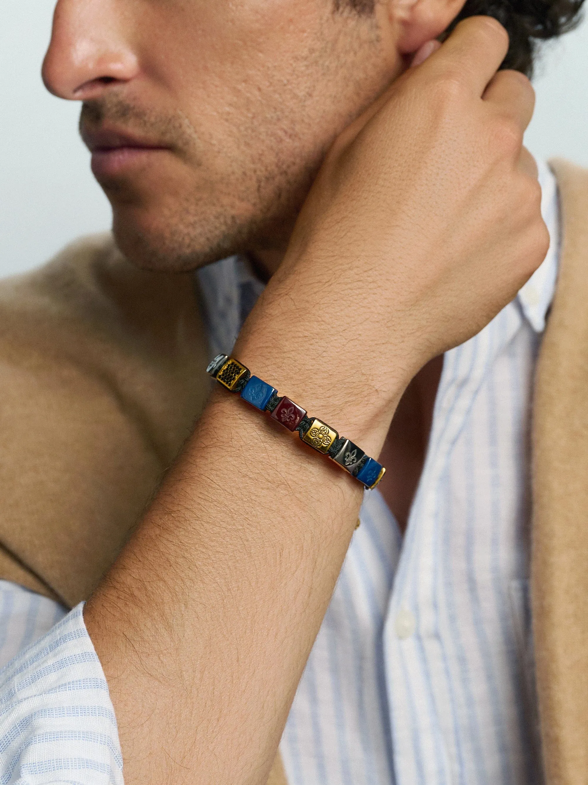 Men's Ceramic Flatbead Bracelet in Black, Blue, Red and Gold