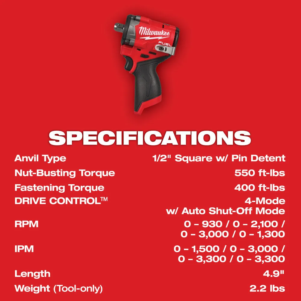 Milwaukee 2563P-20 M12 FUEL 12V 1/2" Impact Wrench w/ Pin Detent - Bare Tool