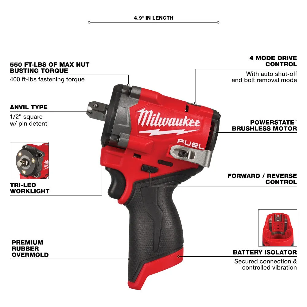 Milwaukee 2563P-20 M12 FUEL 12V 1/2" Impact Wrench w/ Pin Detent - Bare Tool