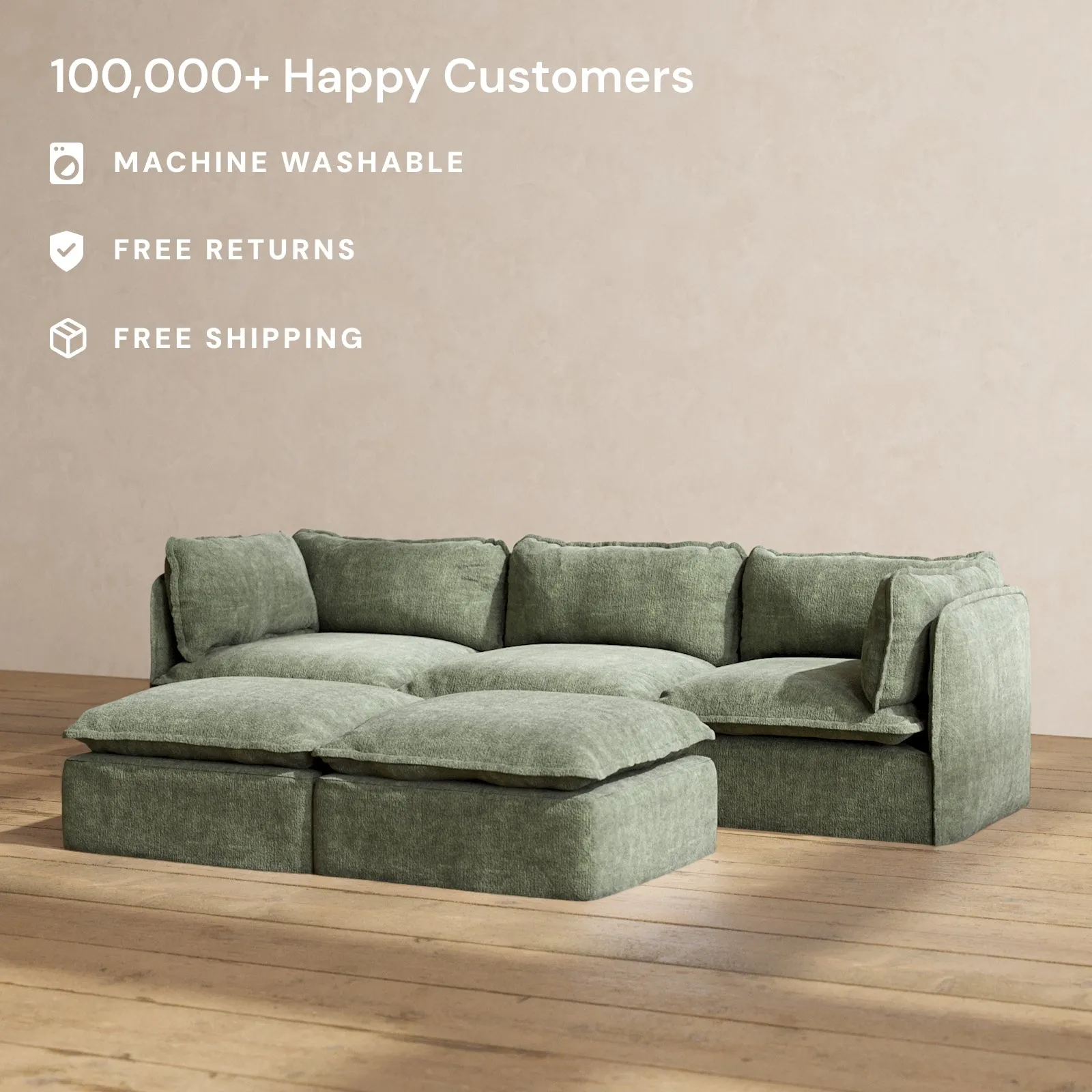 Modular Performance 3-Seater   Bench Ottoman in Willow | Deluxe Blend