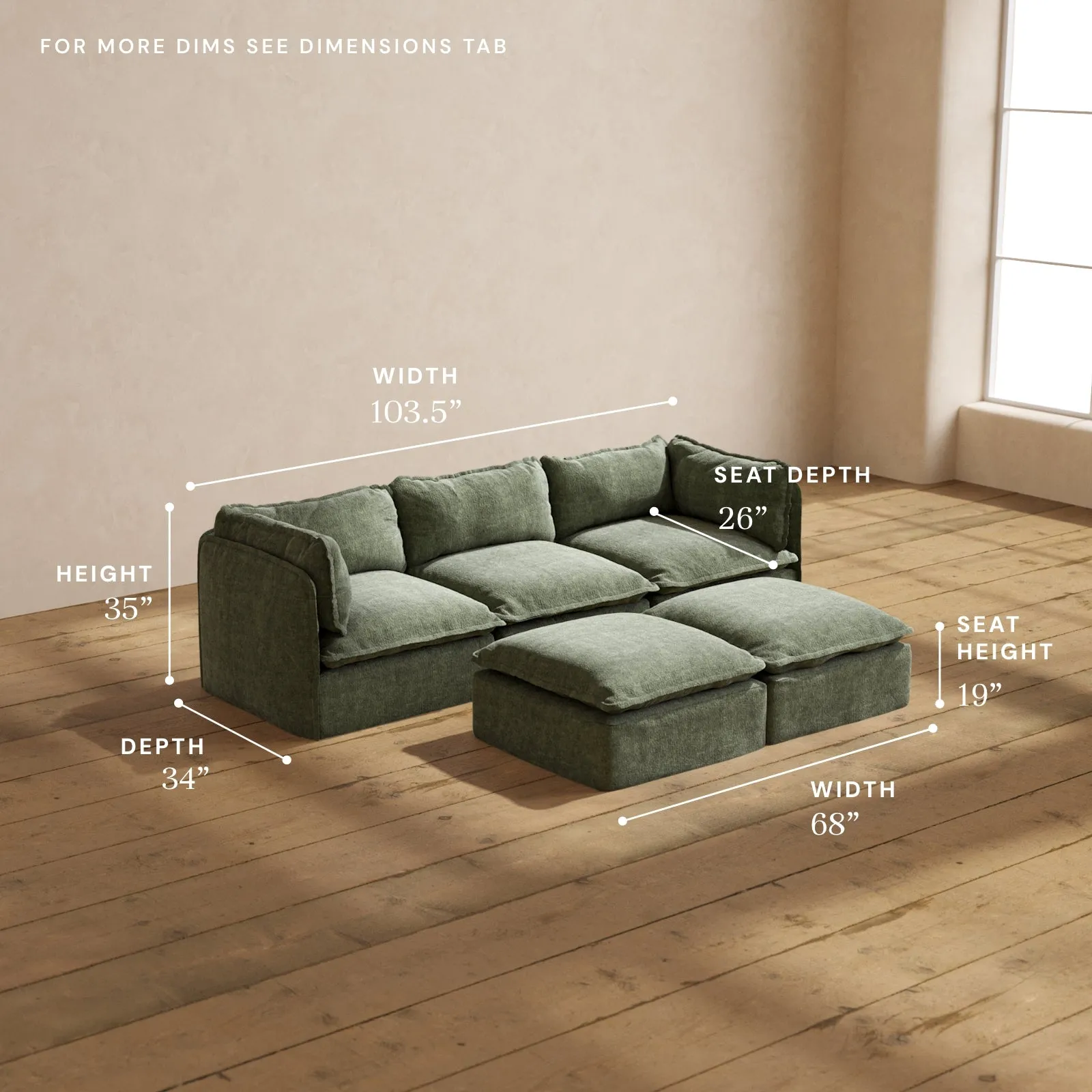 Modular Performance 3-Seater   Bench Ottoman in Willow | Deluxe Blend