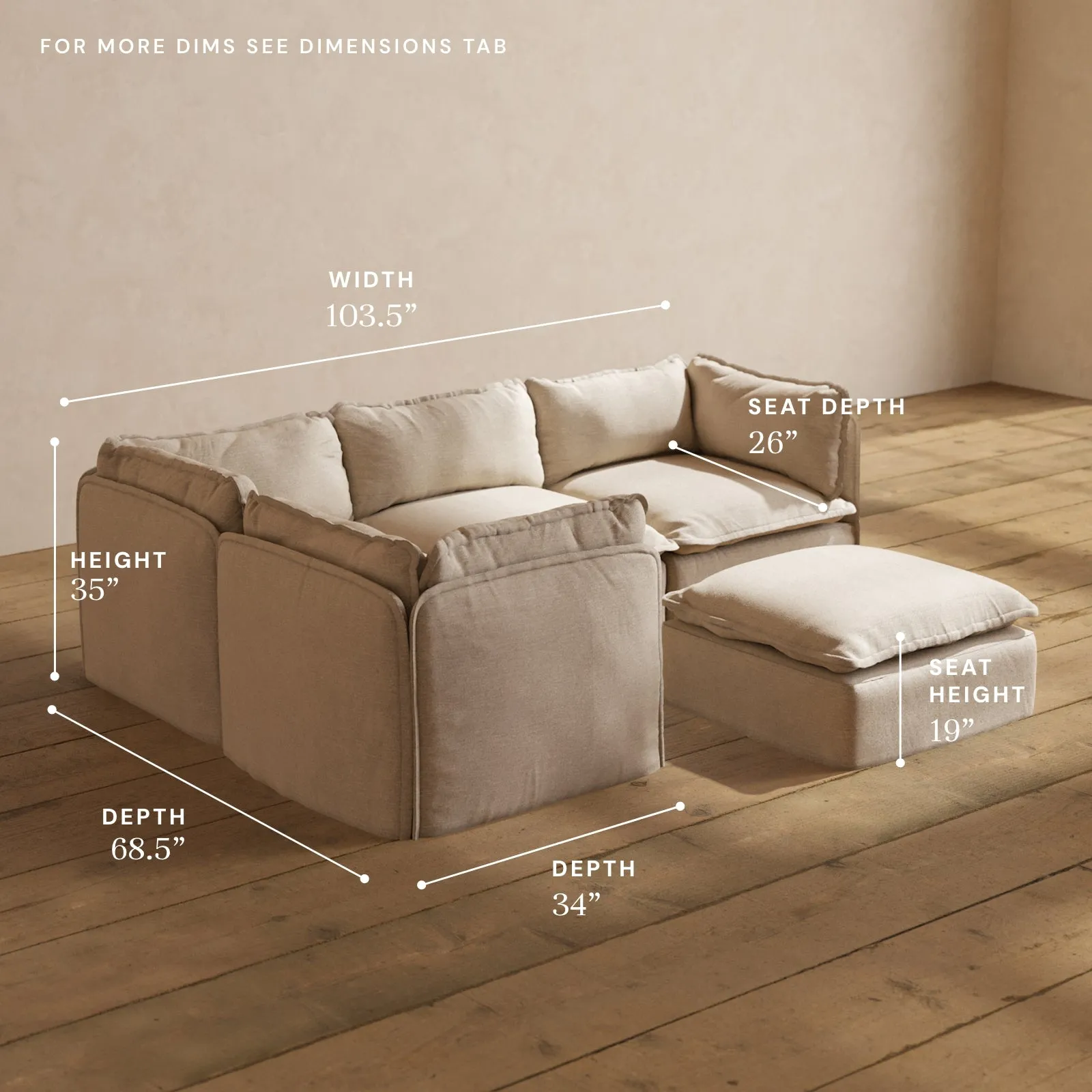 Modular Performance 4-Seater Corner Sectional   Ottoman in Oat | Deluxe Blend