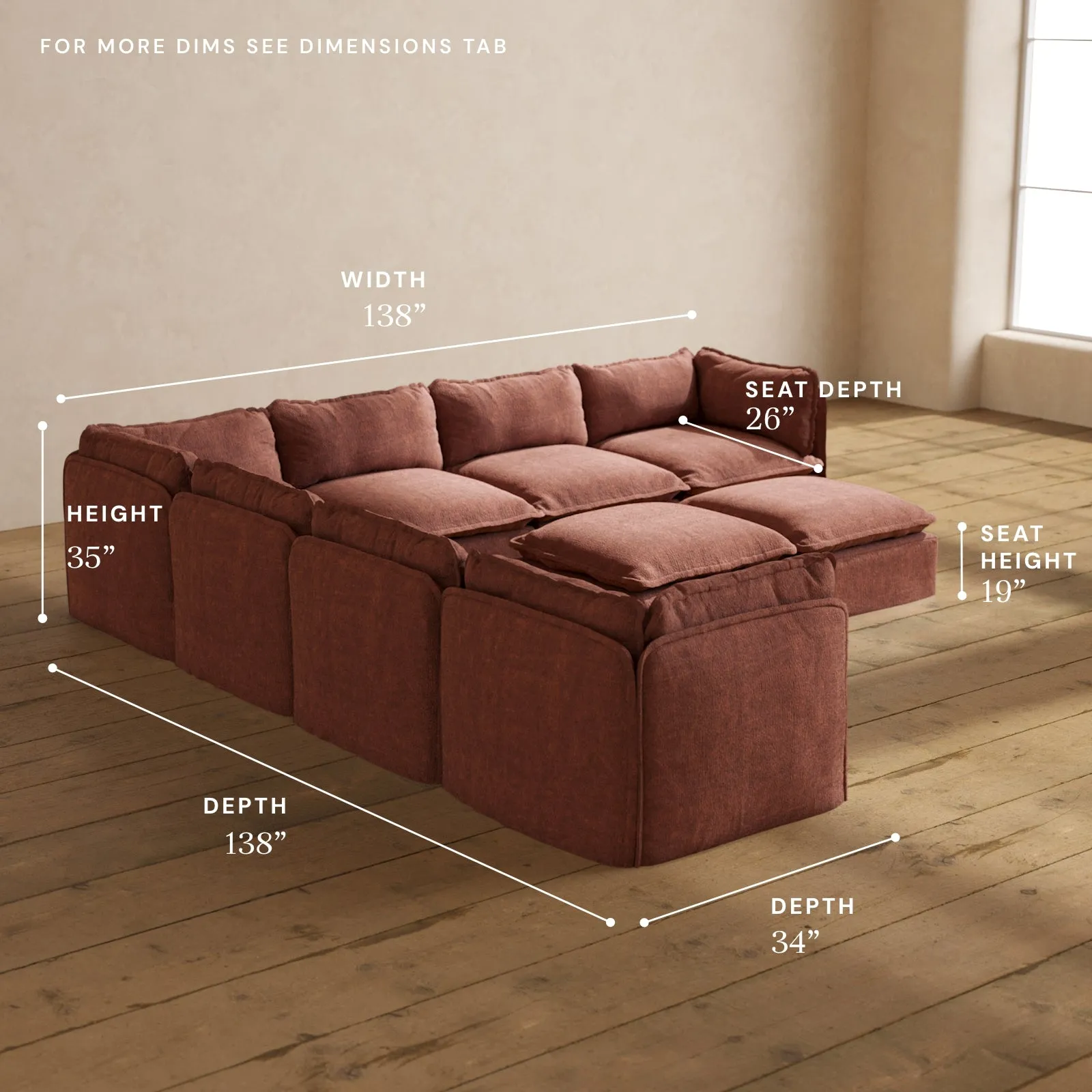 Modular Performance 7-Seater Corner Sectional   Bench Ottoman in Chestnut | Deluxe Blend