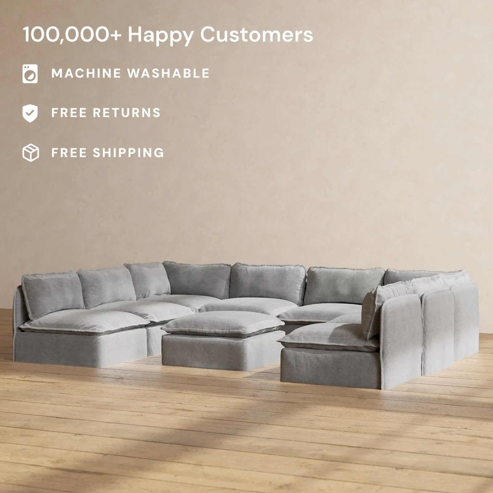 Modular Performance 8-Seater Open-Ends U-Sectional   Ottoman in Ash | Deluxe Blend