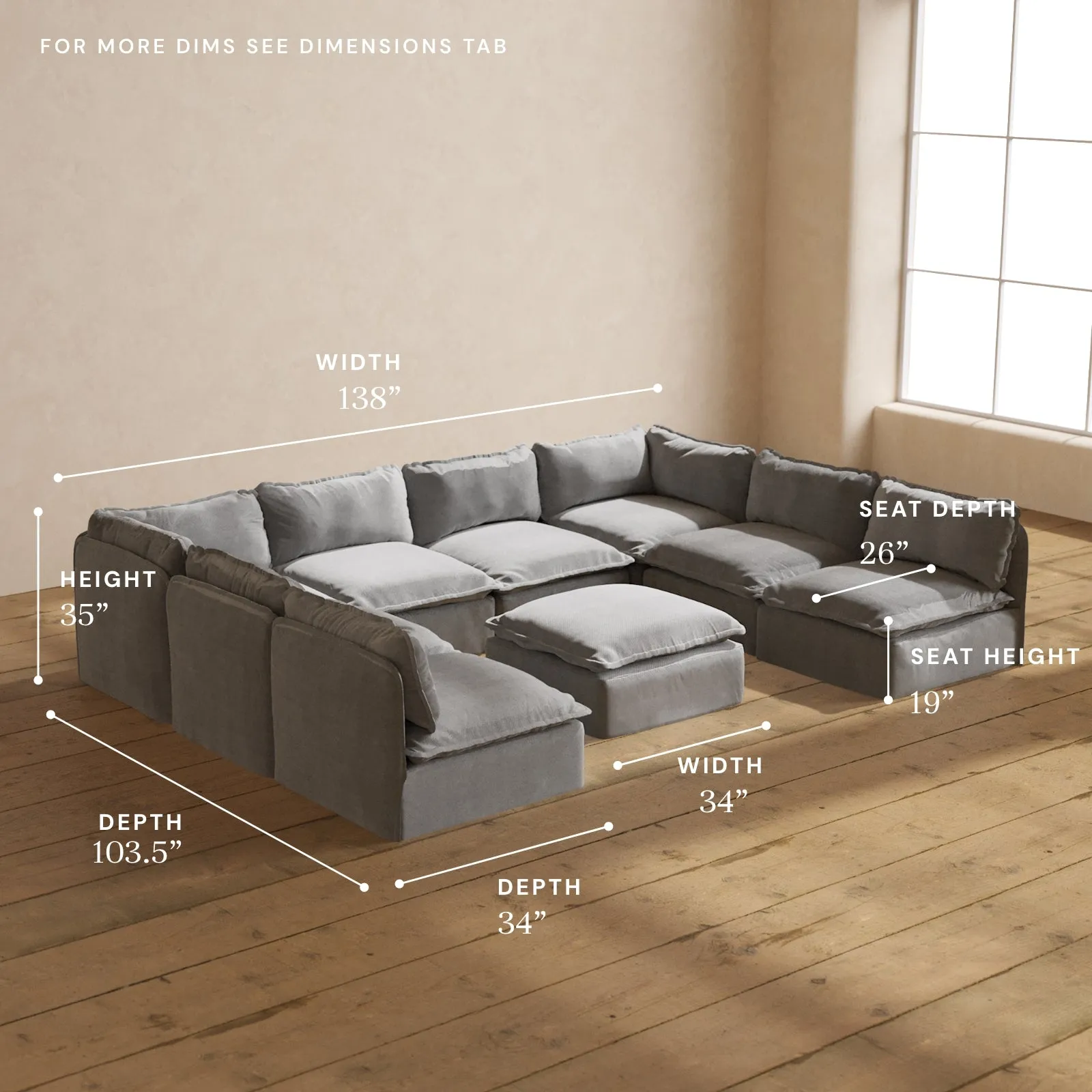 Modular Performance 8-Seater Open-Ends U-Sectional   Ottoman in Ash | Deluxe Blend