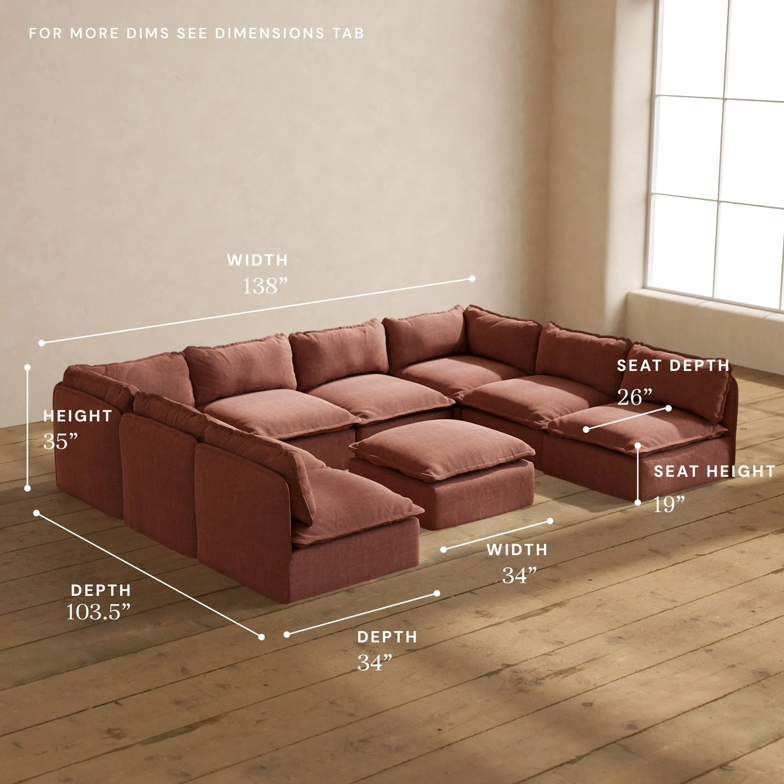 Modular Performance 8-Seater Open-Ends U-Sectional   Ottoman in Chestnut | Deluxe Blend
