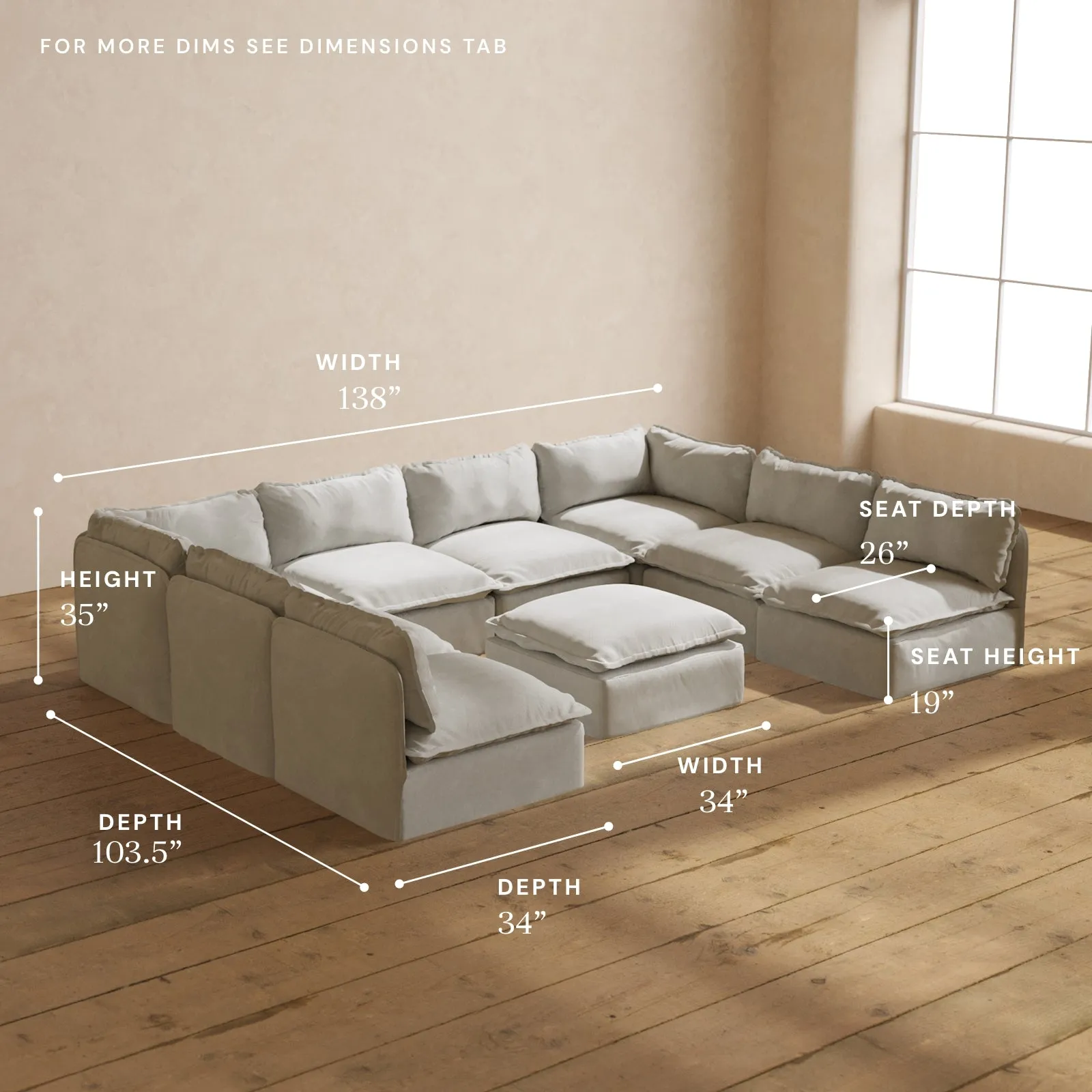 Modular Performance 8-Seater Open-Ends U-Sectional   Ottoman in Cloud | Deluxe Blend