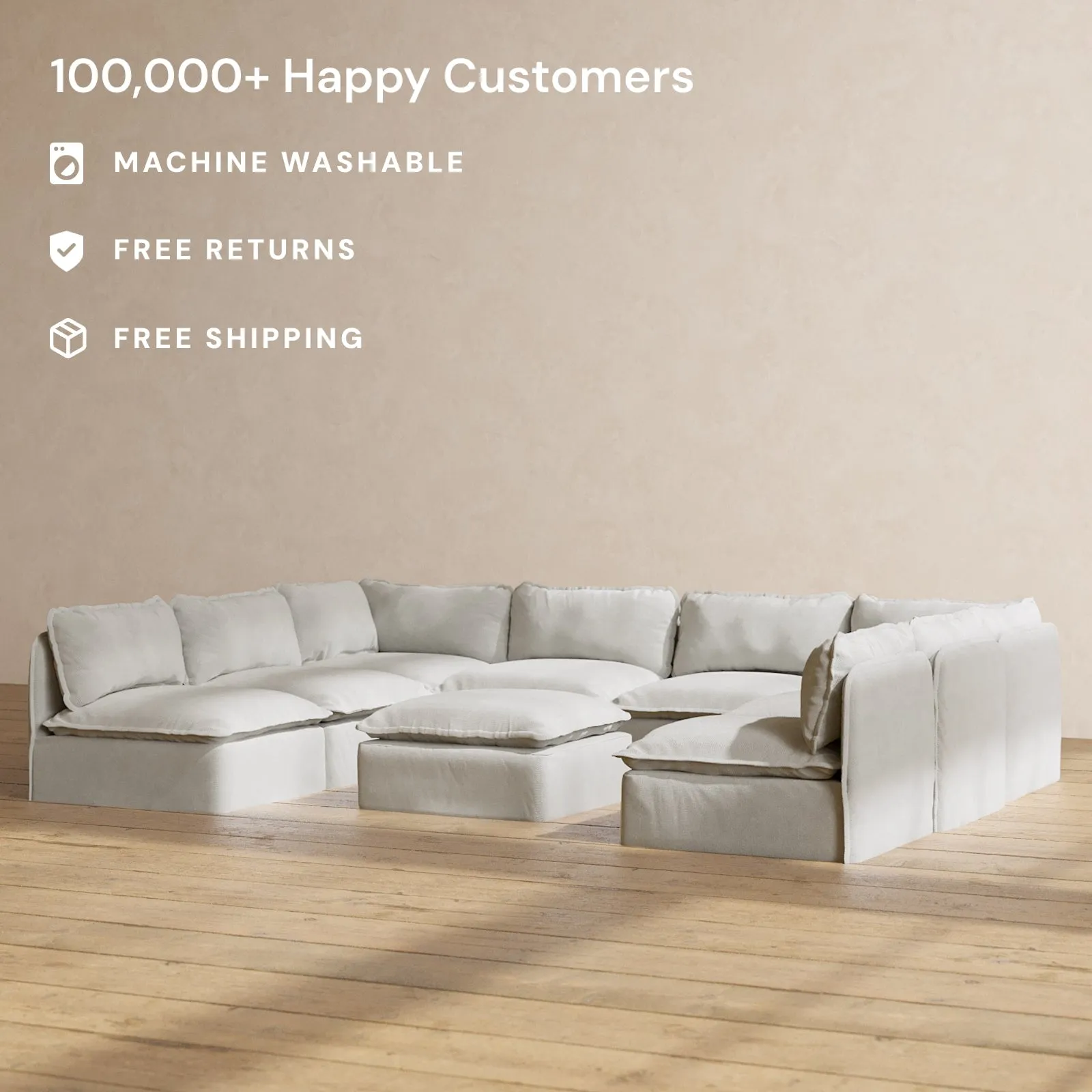 Modular Performance 8-Seater Open-Ends U-Sectional   Ottoman in Cloud | Deluxe Blend