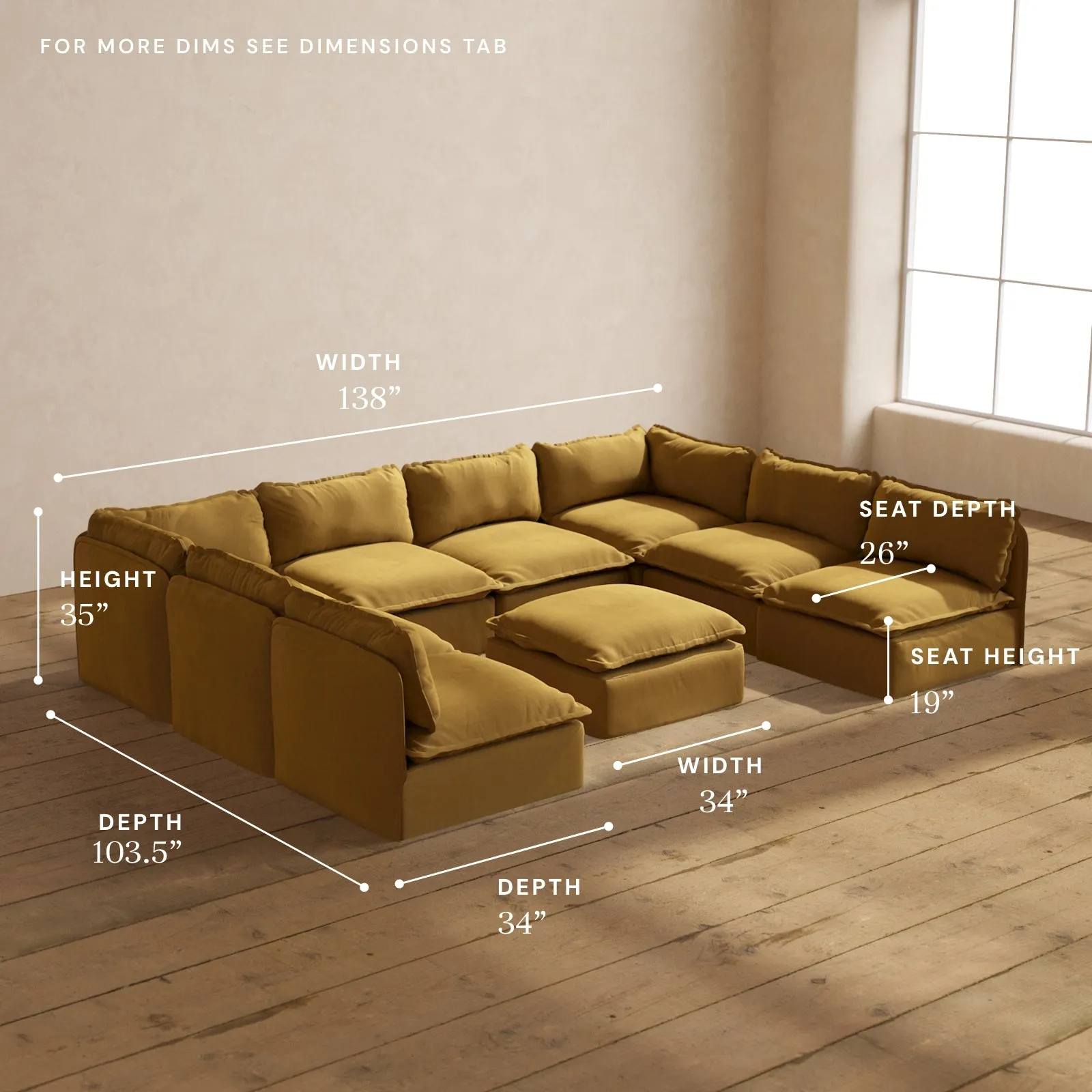 Modular Performance 8-Seater Open-Ends U-Sectional   Ottoman in Toffee | Deluxe Blend