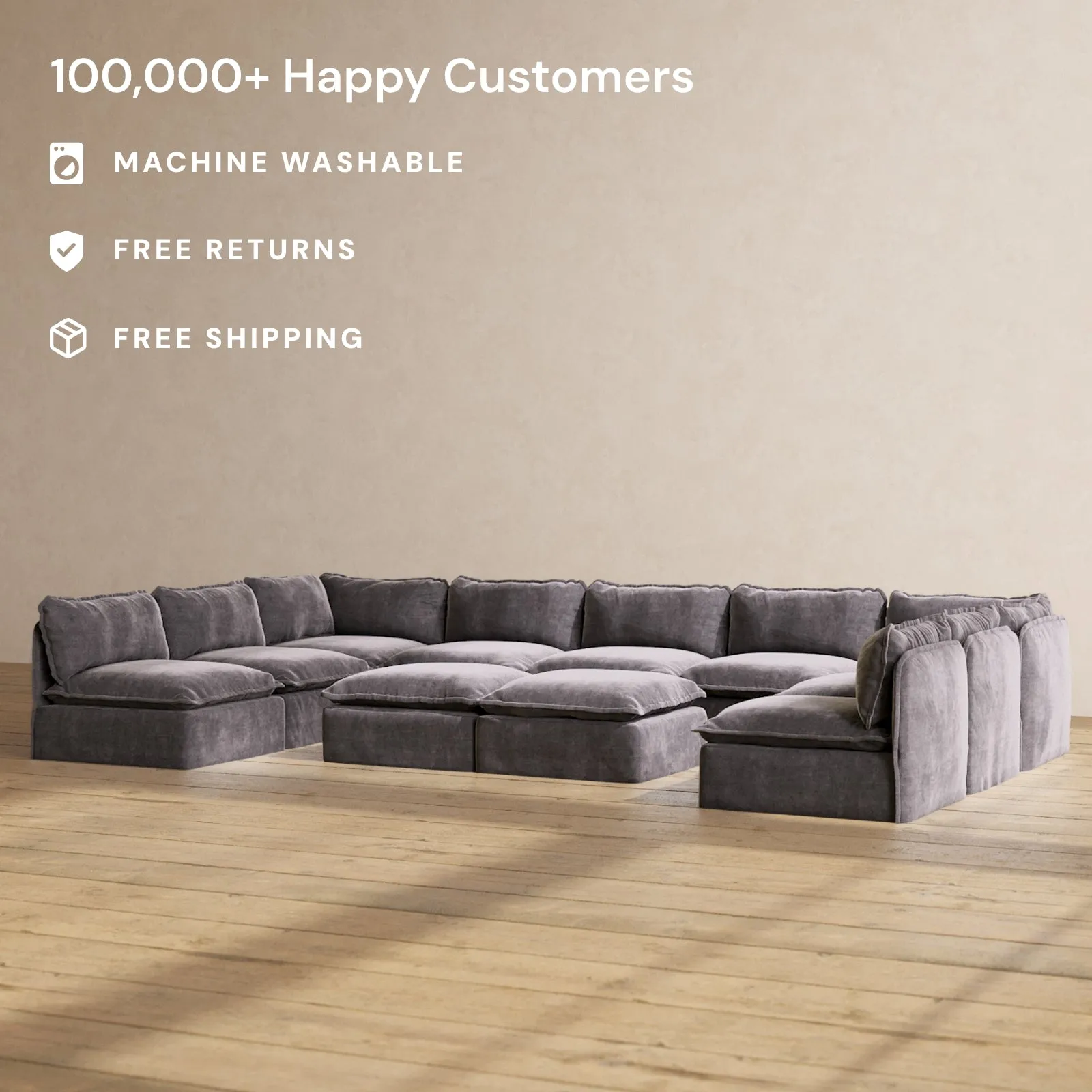 Modular Performance 9-Seater Open-Ends U-Sectional   Bench Ottoman in Cinder | Deluxe Blend