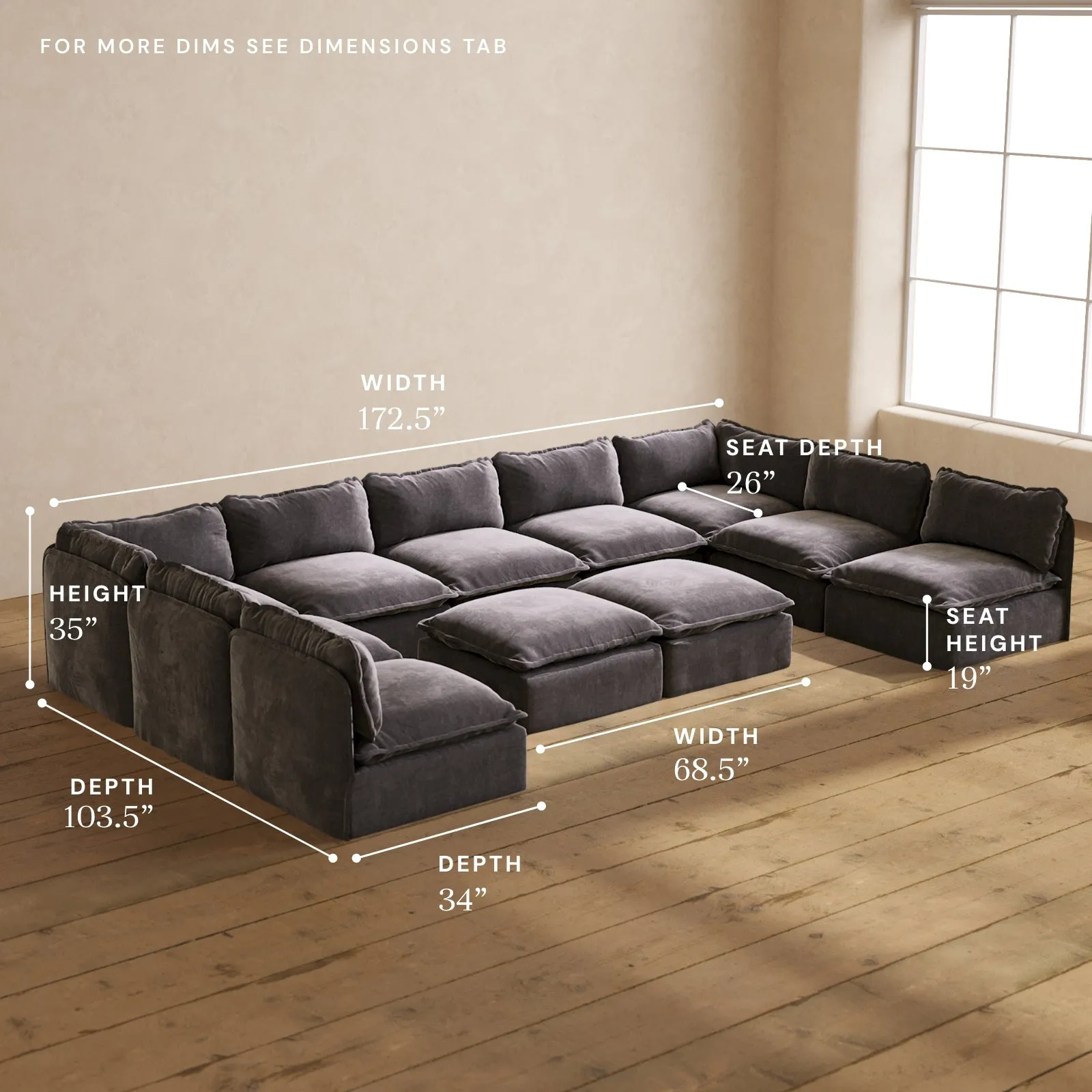 Modular Performance 9-Seater Open-Ends U-Sectional   Bench Ottoman in Cinder | Deluxe Blend