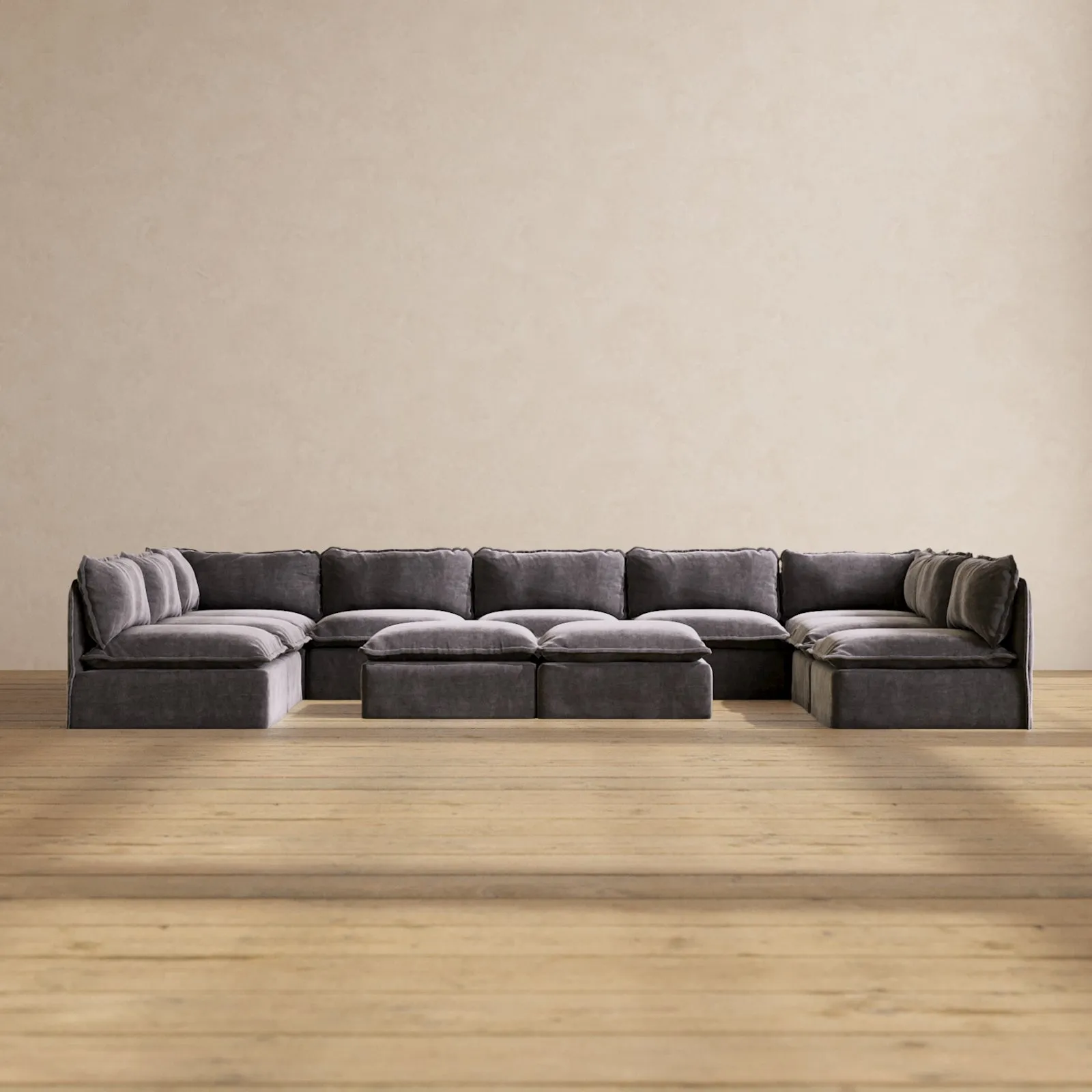 Modular Performance 9-Seater Open-Ends U-Sectional   Bench Ottoman in Cinder | Deluxe Blend