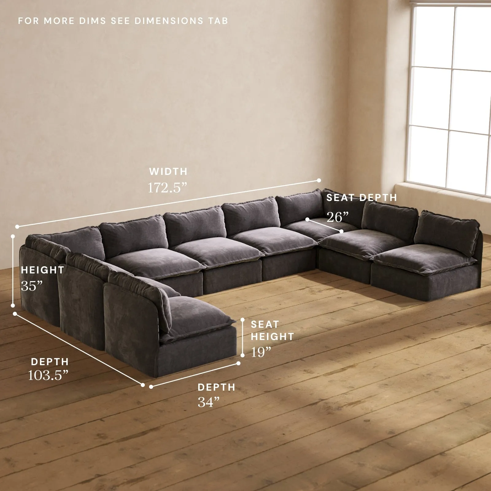 Modular Performance 9-Seater Open-Ends U-Sectional in Cinder | Deluxe Blend