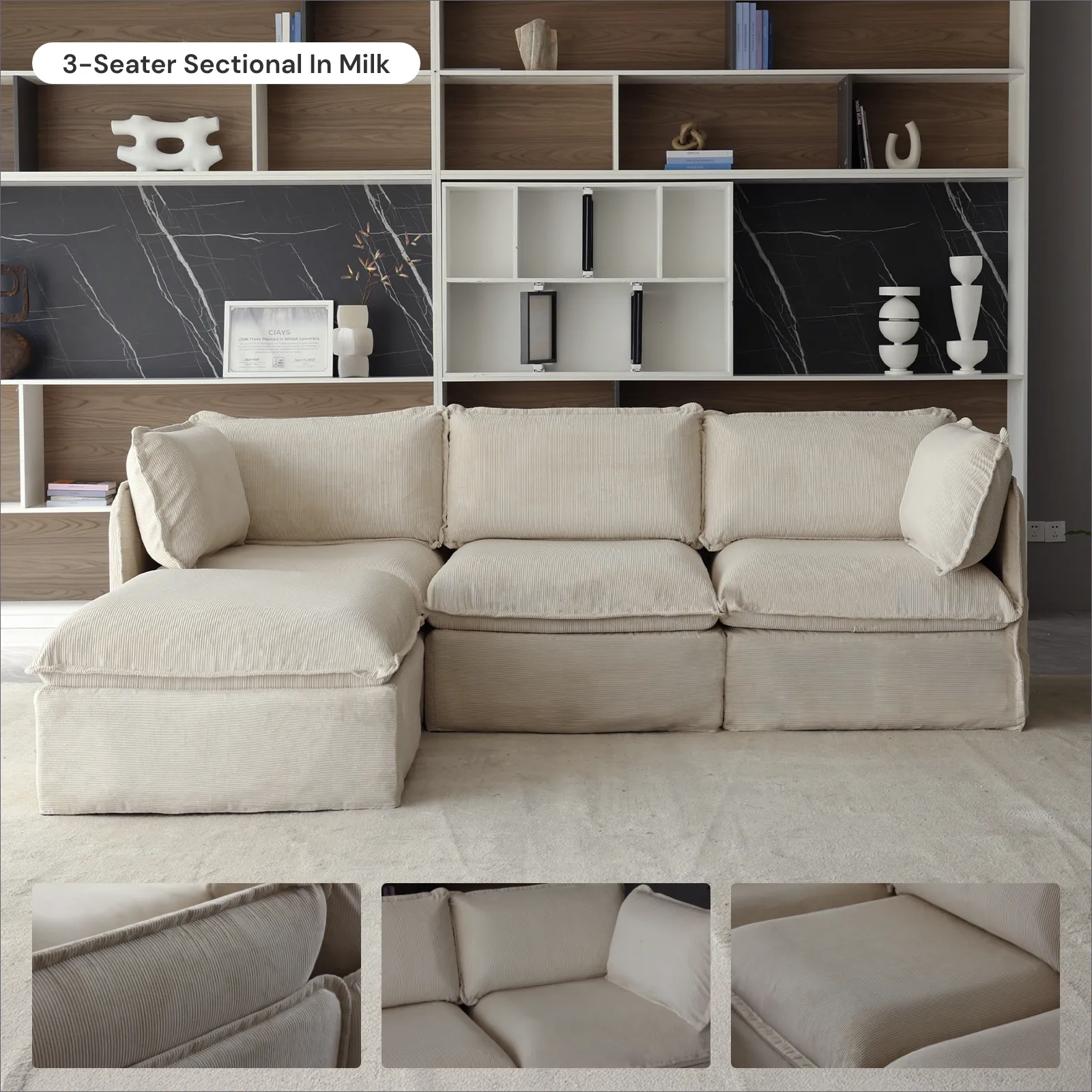 Modular Washable 3-Seater Sectional in Milk | Deluxe  Seat | Cloud Pillow