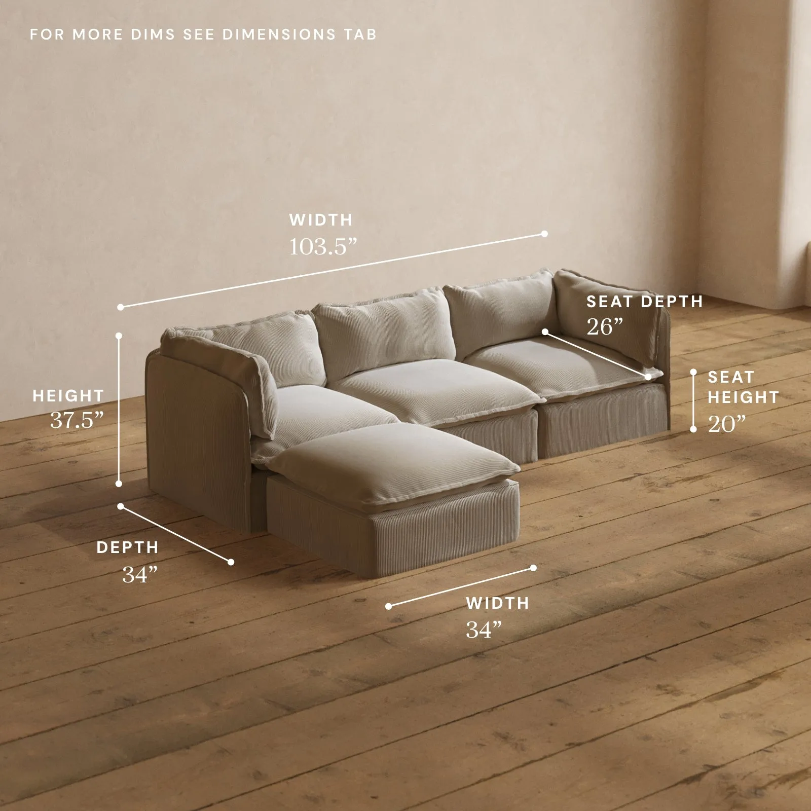Modular Washable 3-Seater Sectional in Milk | Deluxe  Seat | Cloud Pillow
