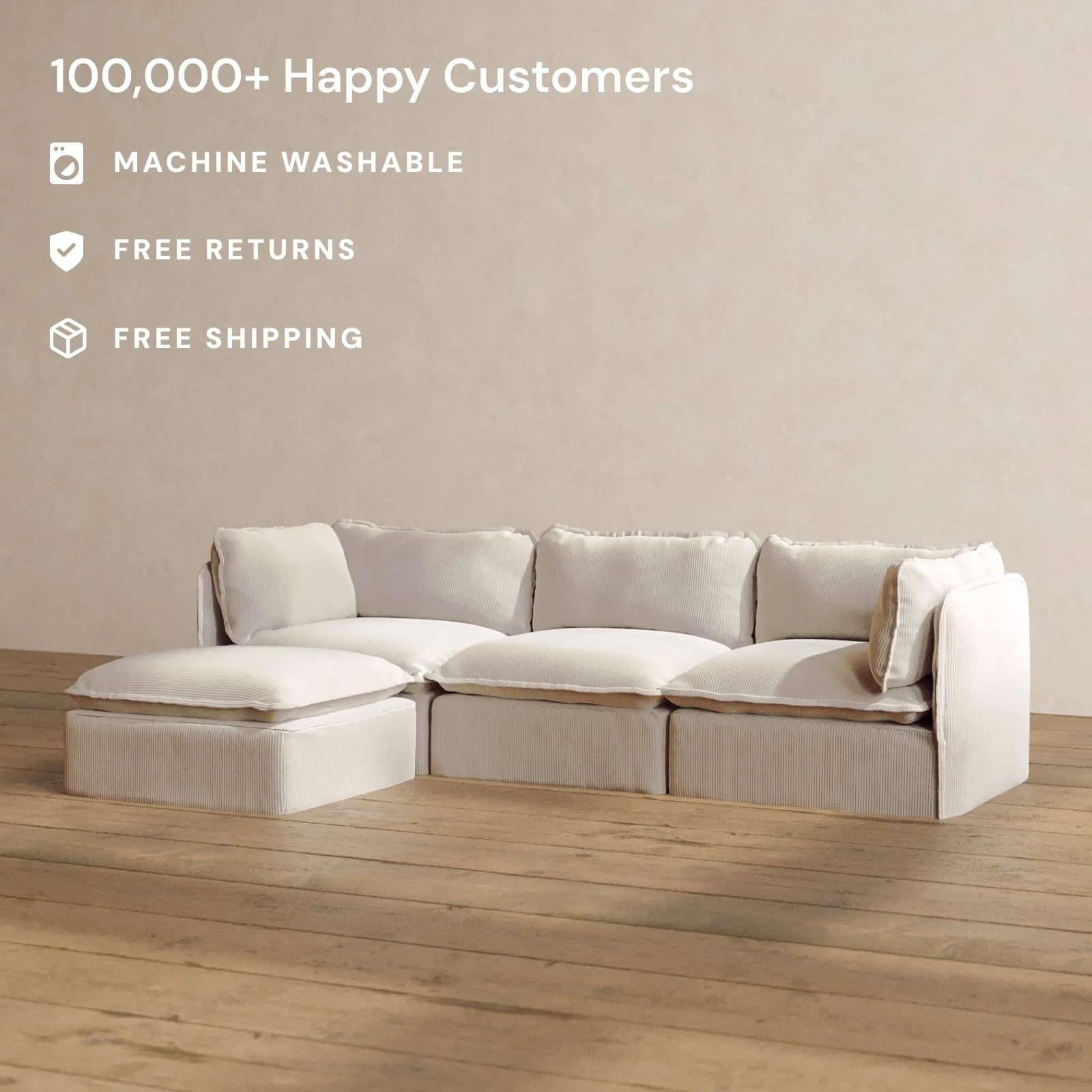 Modular Washable 3-Seater Sectional in Milk | Deluxe  Seat | Cloud Pillow