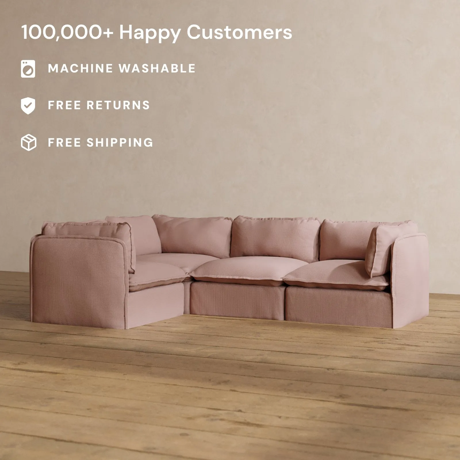Modular Washable 4-Seater Corner Sectional in Sakura | Deluxe  Seat | Cloud Pillow