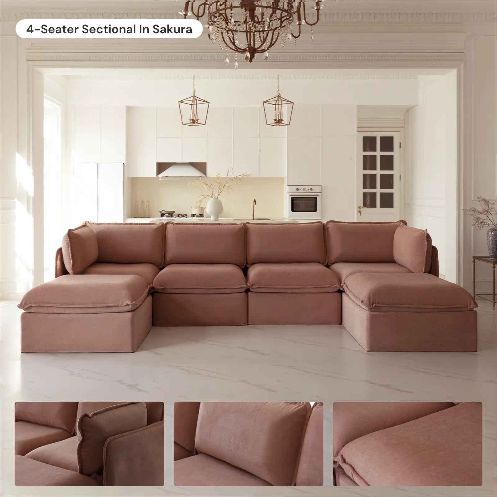 Modular Washable 4-Seater Corner Sectional in Sakura | Deluxe  Seat | Cloud Pillow