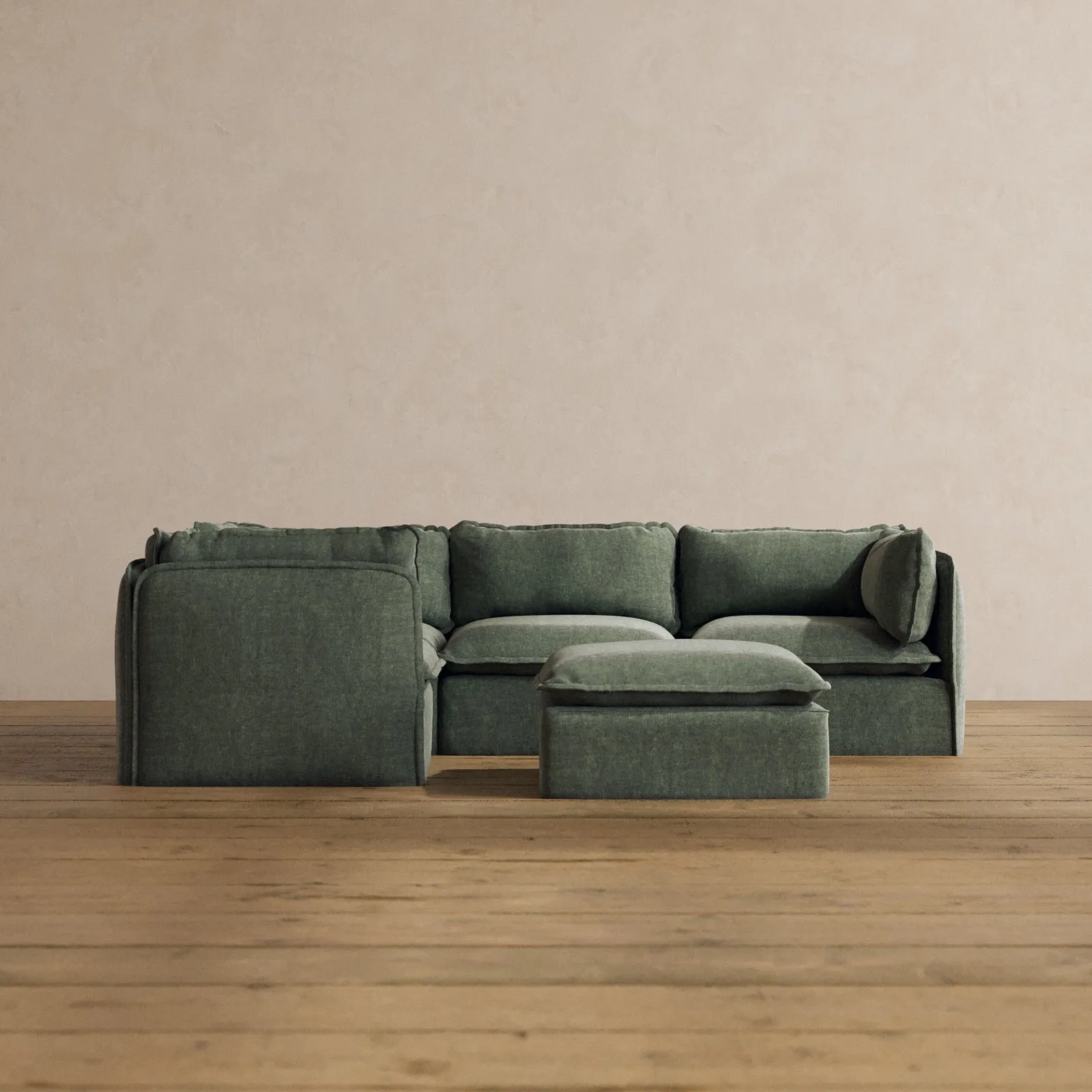 Modular Washable 4-Seater Corner Sectional   Ottoman in Willow | Deluxe  Seat | Cloud Pillow