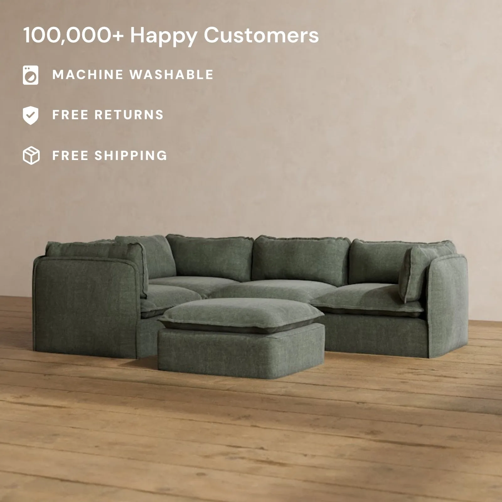 Modular Washable 4-Seater Corner Sectional   Ottoman in Willow | Deluxe  Seat | Cloud Pillow