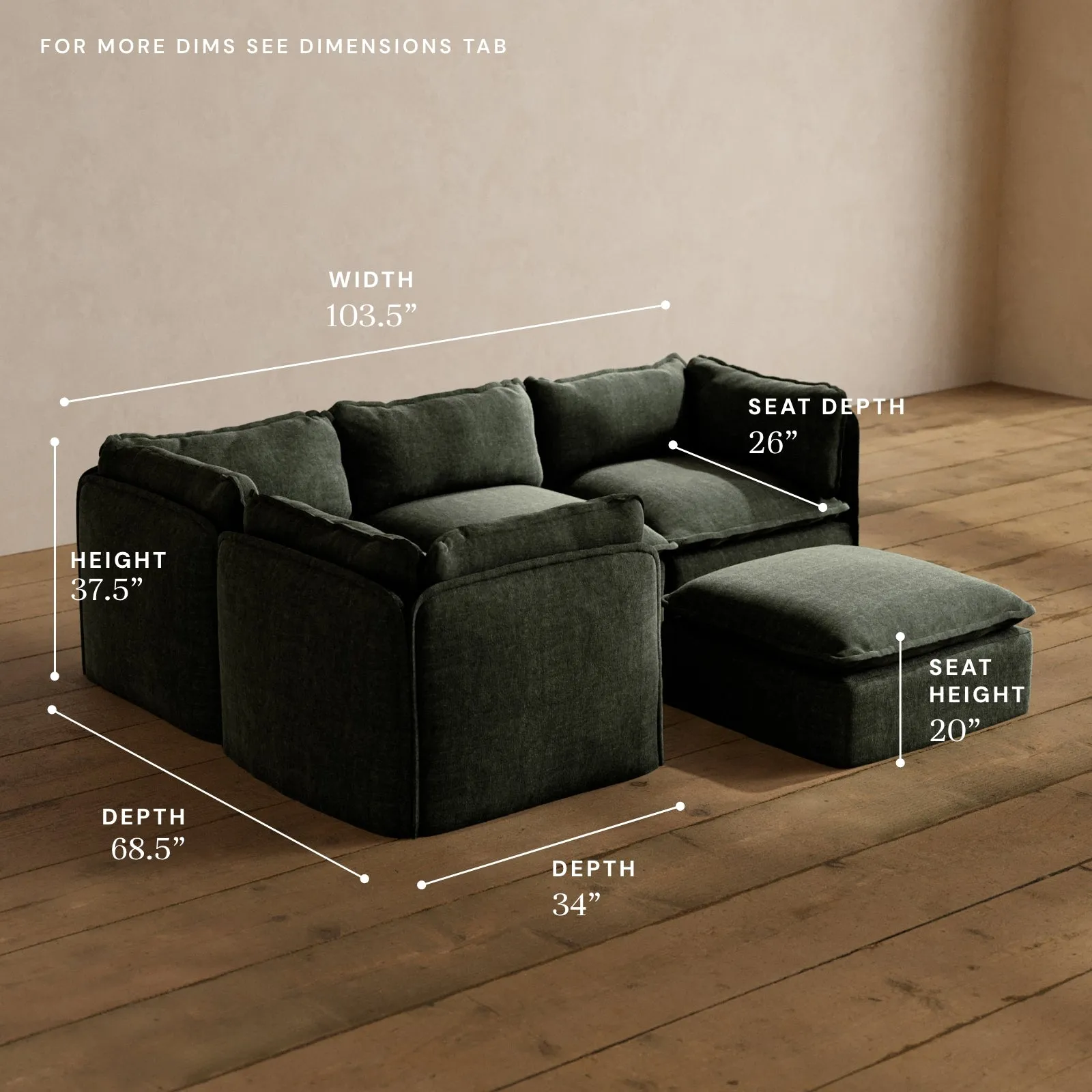 Modular Washable 4-Seater Corner Sectional   Ottoman in Willow | Deluxe  Seat | Cloud Pillow