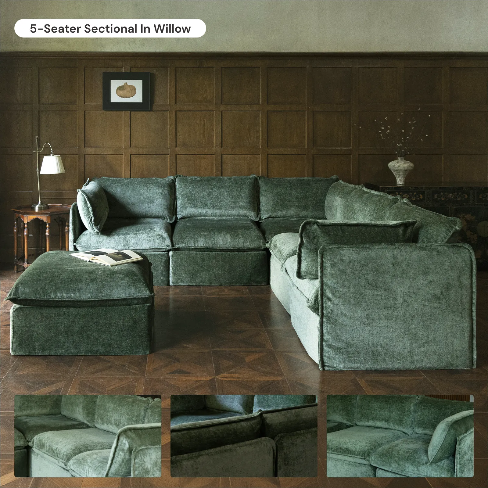 Modular Washable 4-Seater Corner Sectional   Ottoman in Willow | Deluxe  Seat | Cloud Pillow