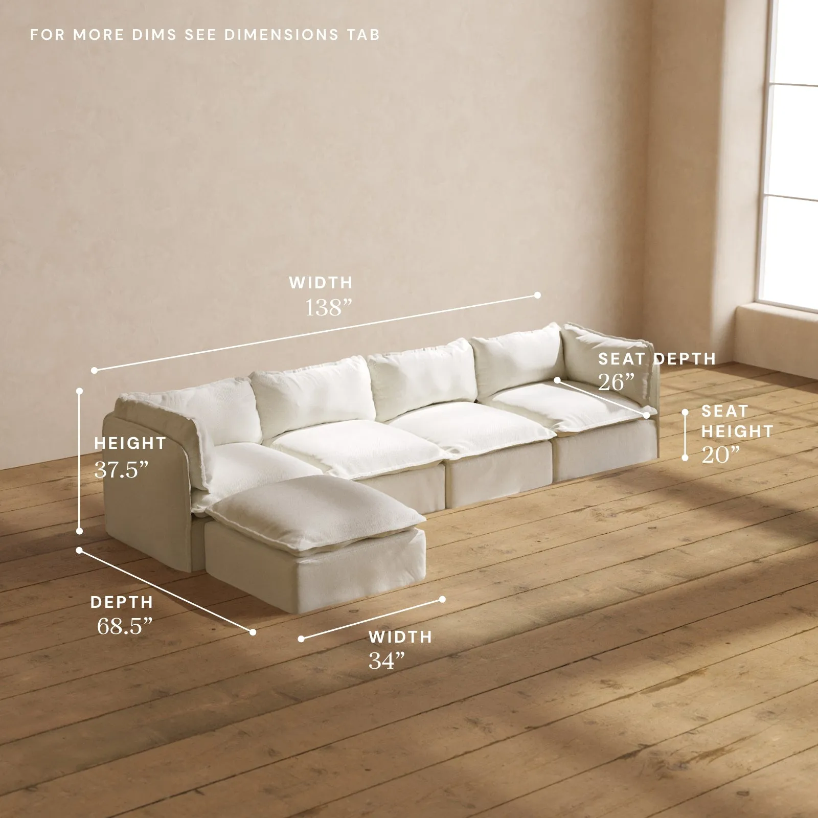 Modular Washable 4-Seater Sectional in Eggshell | Memorix  Seat | Contour Pillow