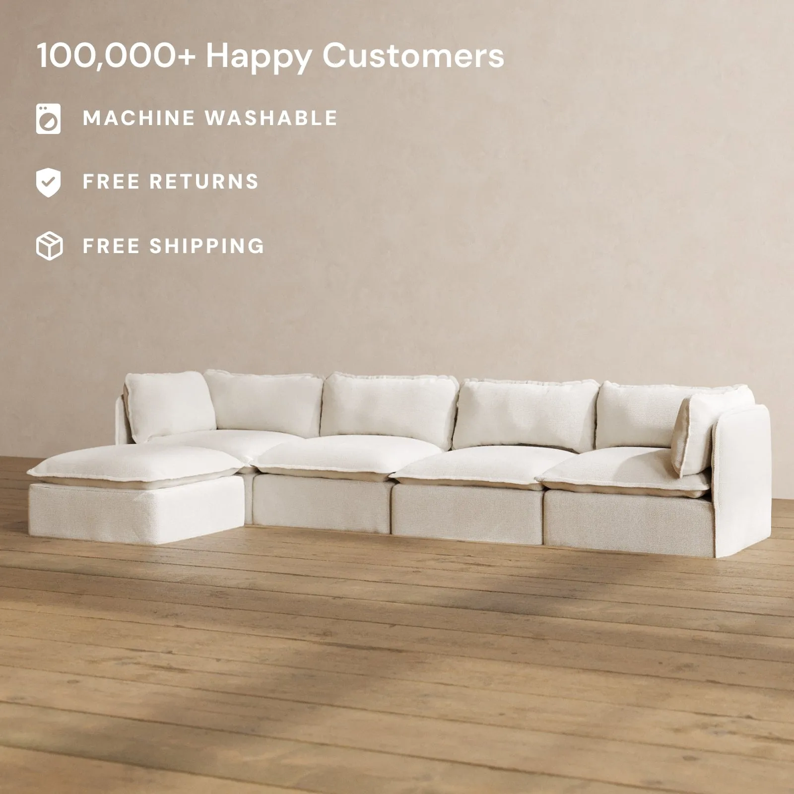 Modular Washable 4-Seater Sectional in Powder | Deluxe  Seat | Cloud Pillow