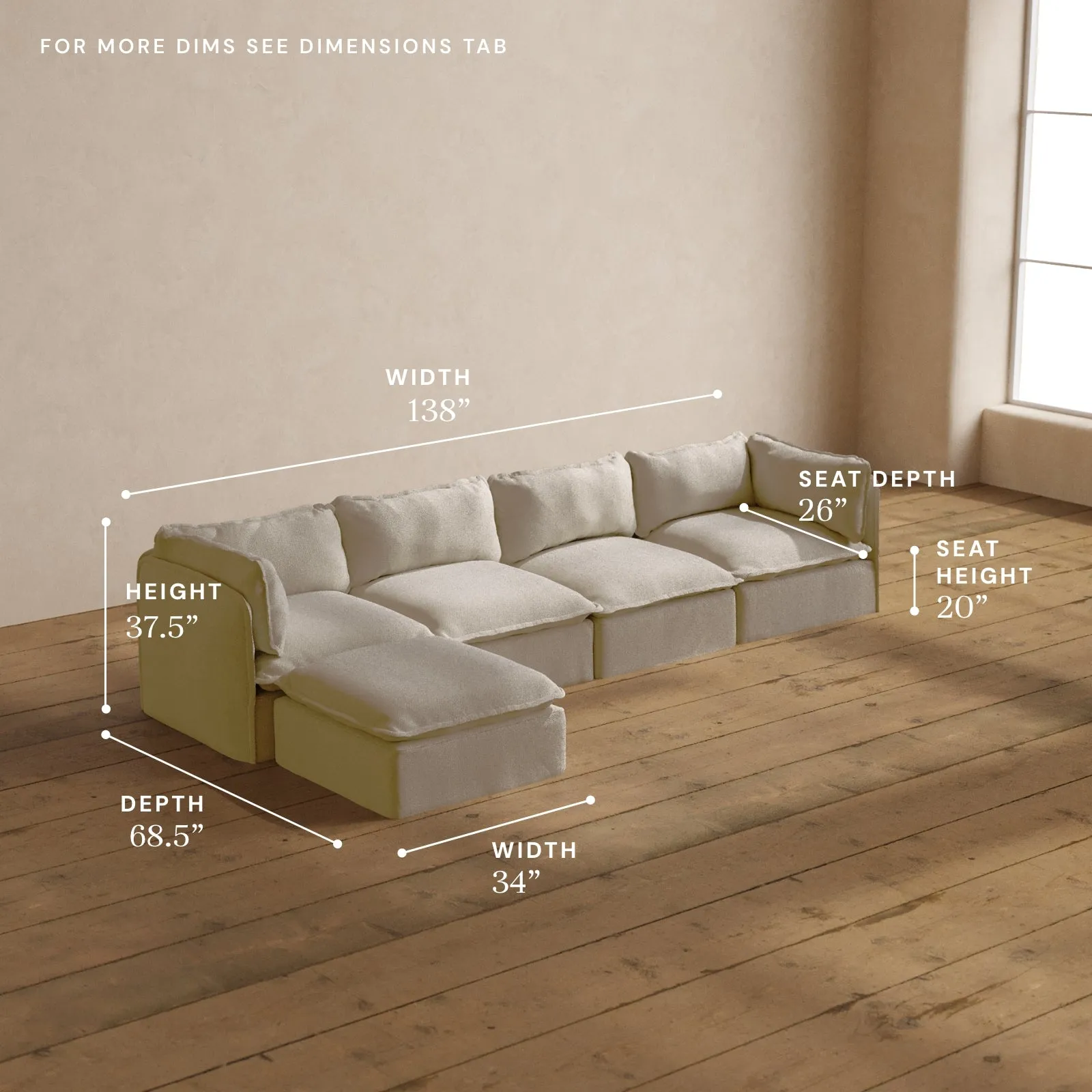Modular Washable 4-Seater Sectional in Powder | Deluxe  Seat | Cloud Pillow