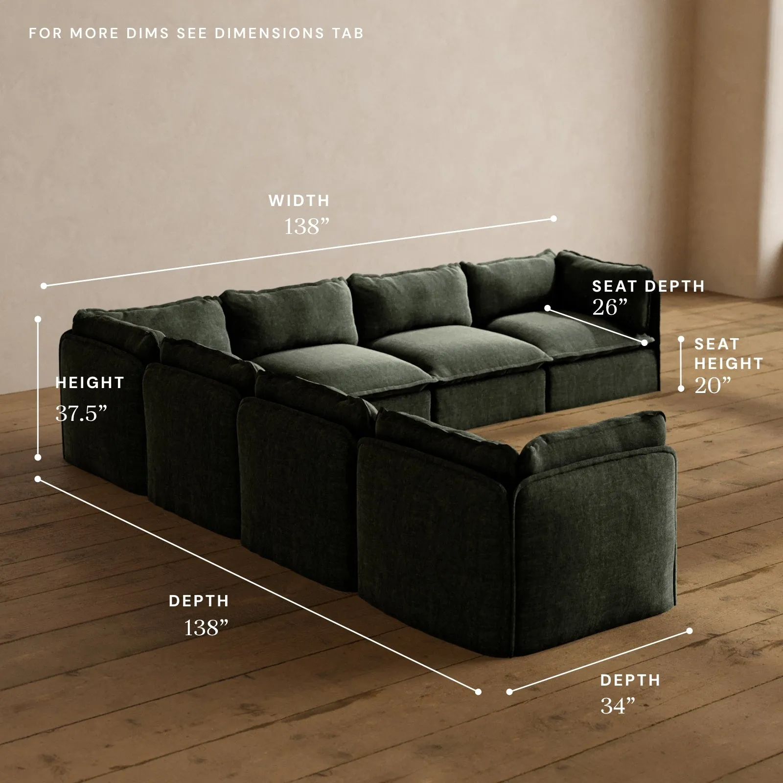 Modular Washable 7-Seater Corner Sectional in Willow | Deluxe  Seat | Cloud Pillow