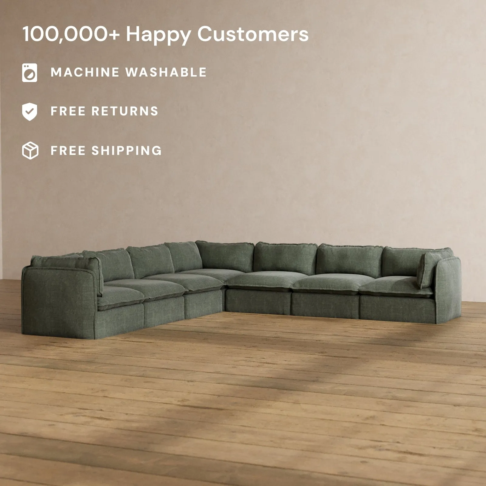 Modular Washable 7-Seater Corner Sectional in Willow | Deluxe  Seat | Cloud Pillow
