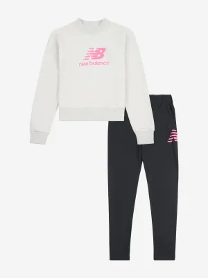 New Balance Girls Stacked Logo Sweatshirt and Leggings Set in Grey