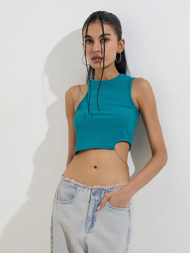 Nuon Teal Ribbed Chain-Detailed Crop Top