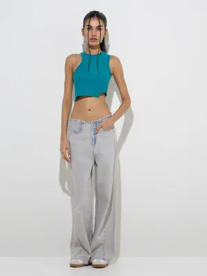 Nuon Teal Ribbed Chain-Detailed Crop Top