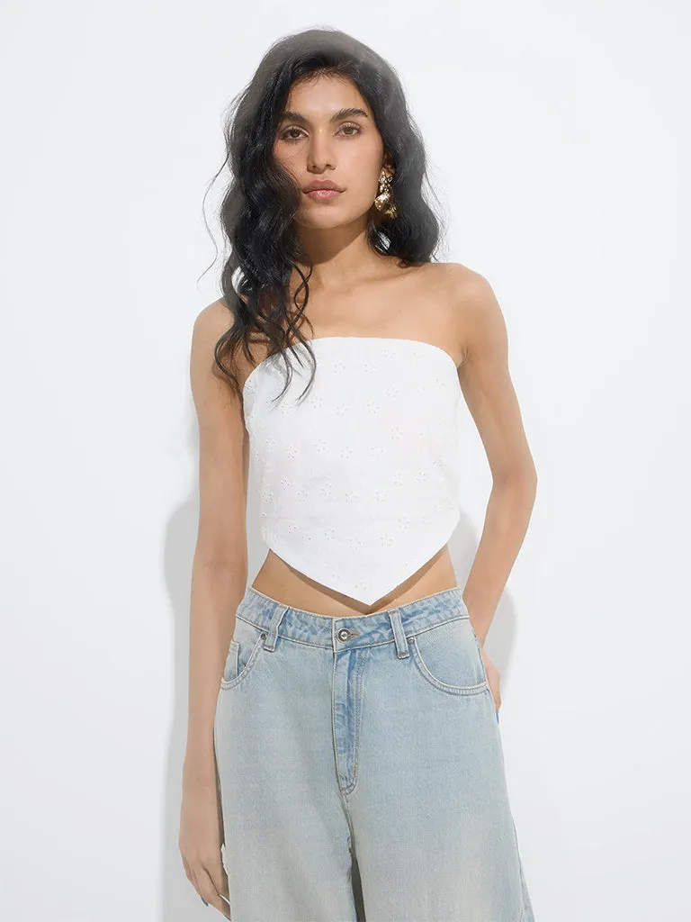 Nuon White Schiffli Detailed Cotton Top