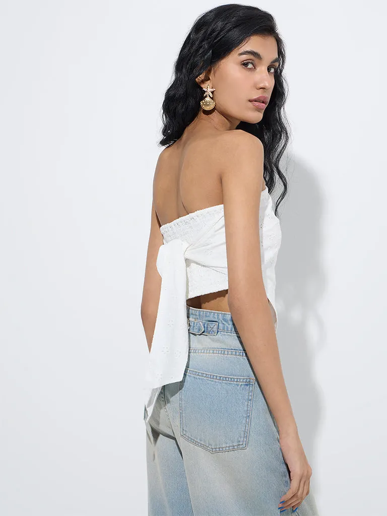Nuon White Schiffli Detailed Cotton Top