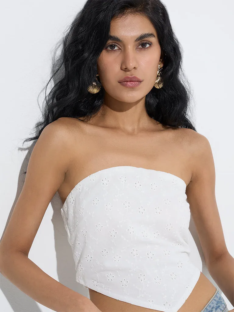 Nuon White Schiffli Detailed Cotton Top