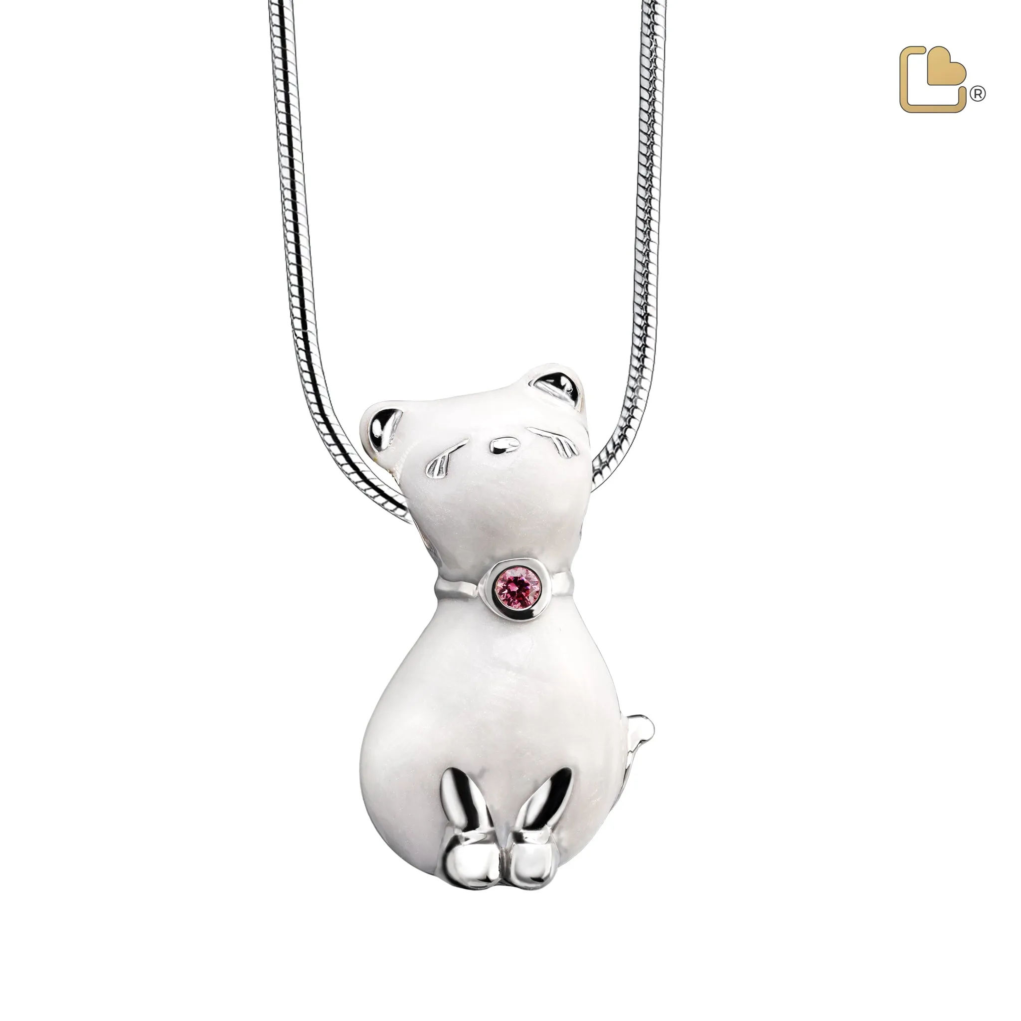 Princess Cat Pearl with Pink Swarovski Crystal Sterling Silver Cremation Pendant
