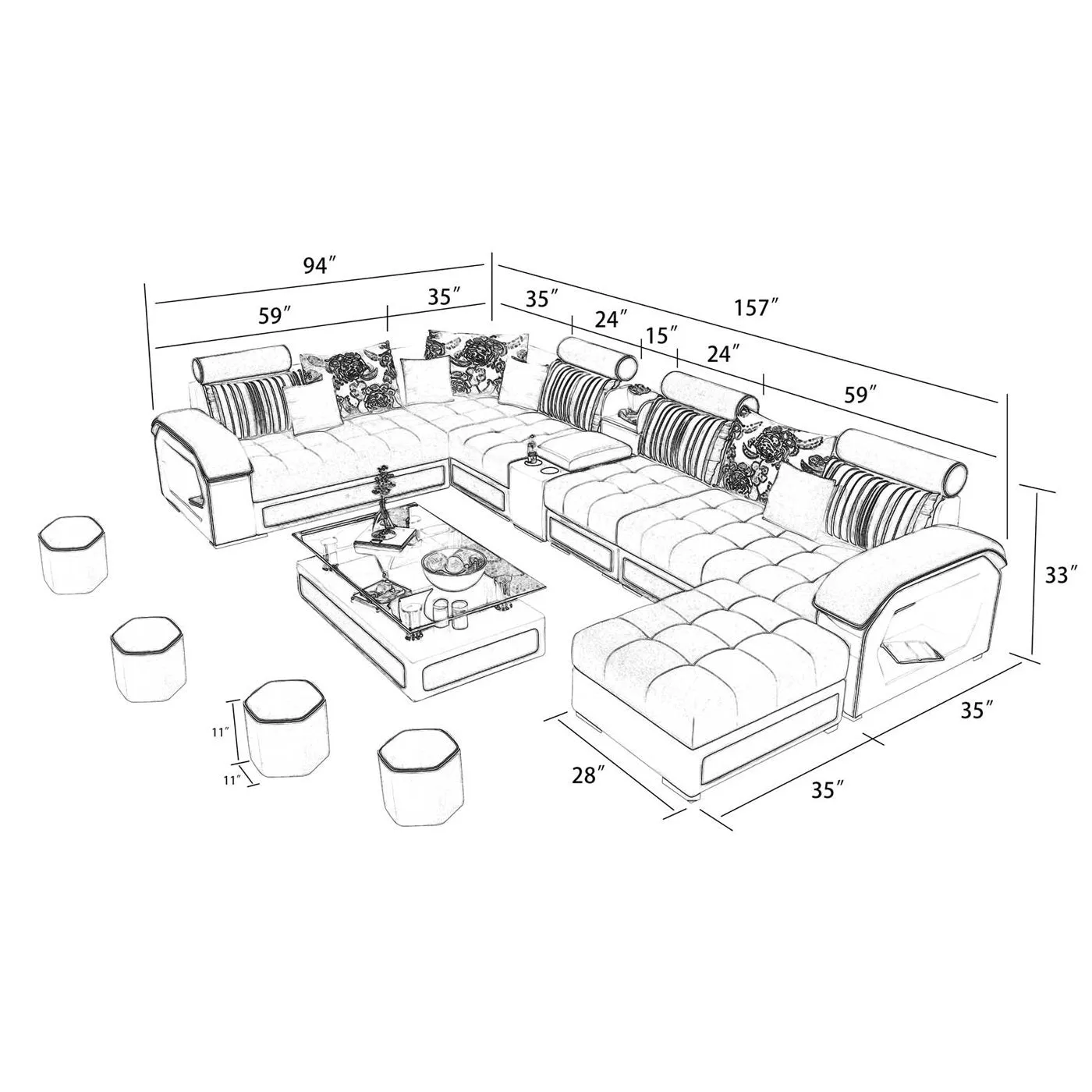 Selena Lapis & Snow Modular Tufted Sectional With Console