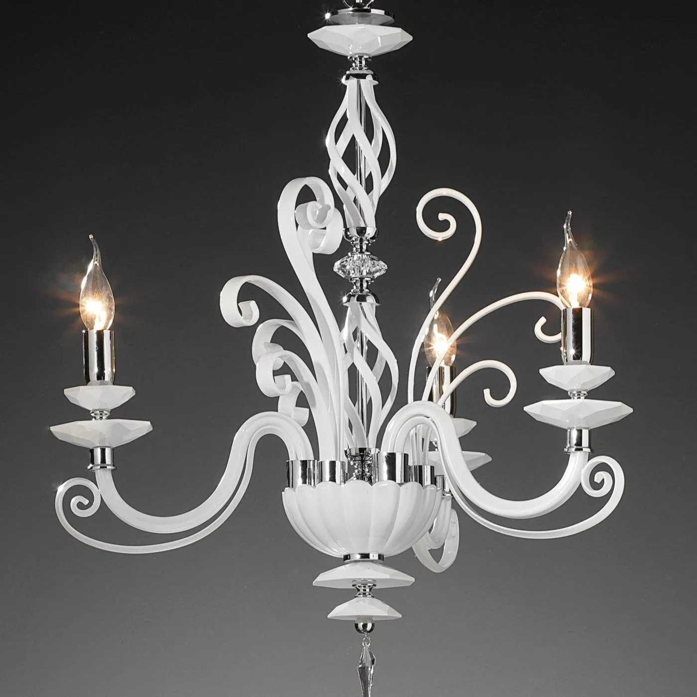 Small White Italian Glass Chandelier With 3 Arms