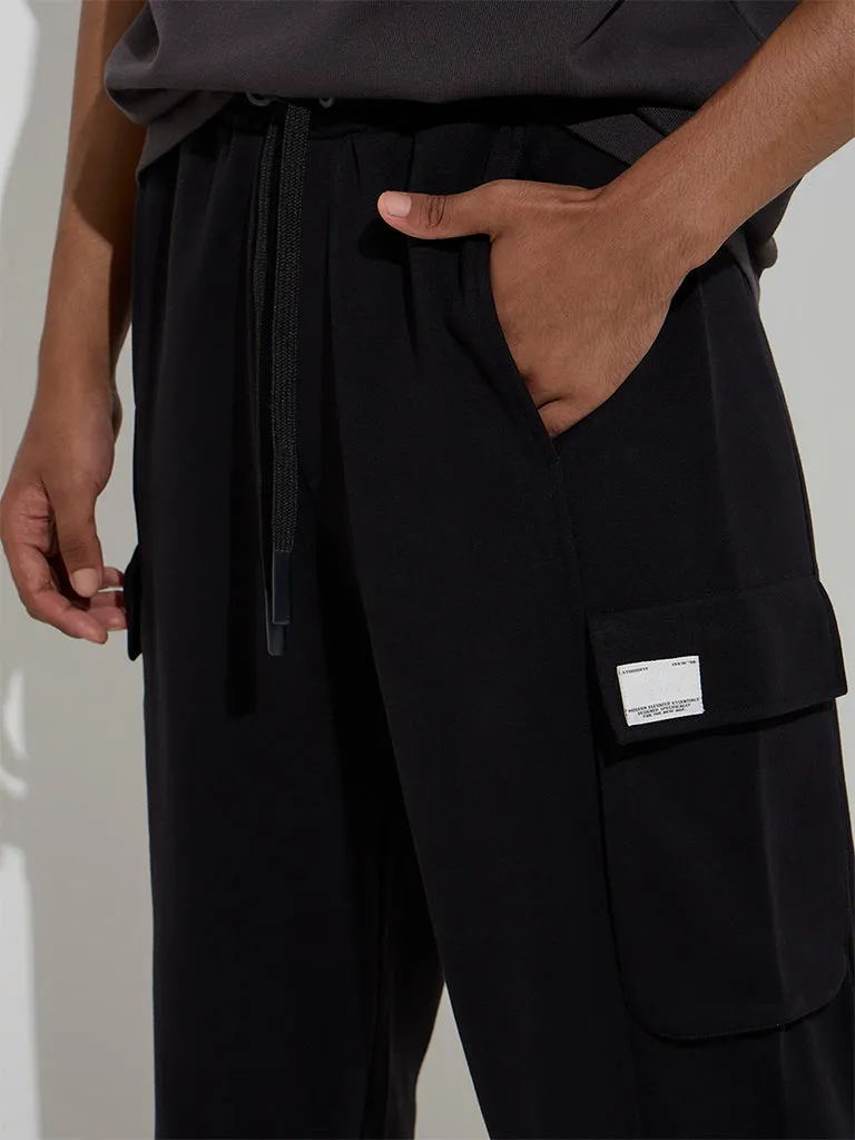 Studiofit Black Solid Relaxed-Fit Cotton-Blend Track Pants