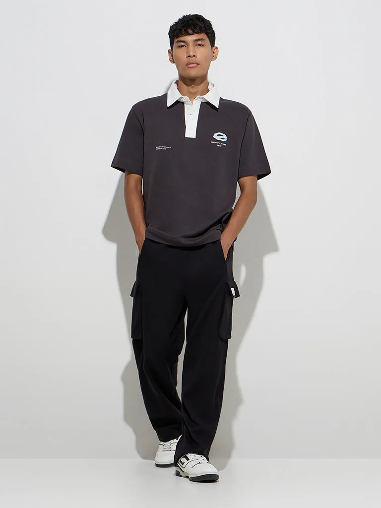 Studiofit Black Solid Relaxed-Fit Cotton-Blend Track Pants