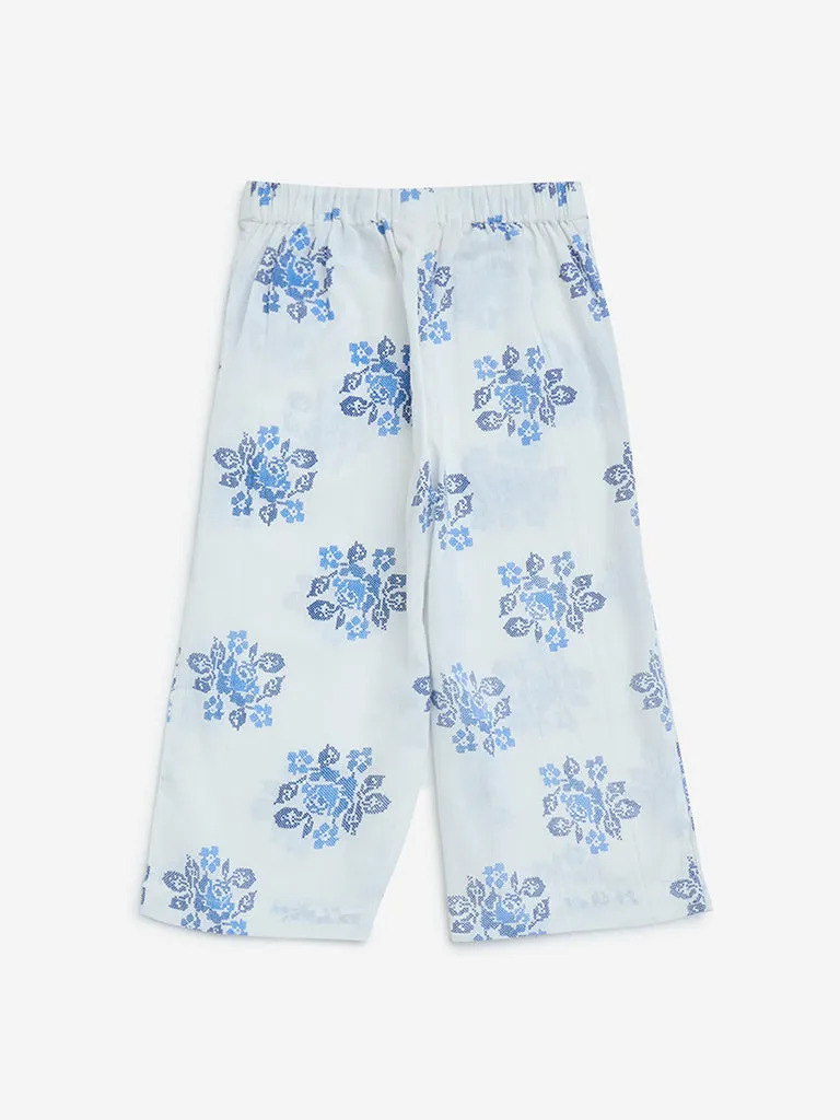 Utsa Kids White Floral Design Cotton-Blend Ethnic Pants 2-8 years