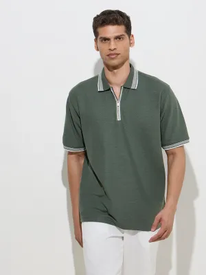 WES Casuals Olive Quarter Zip Polo T-Shirt