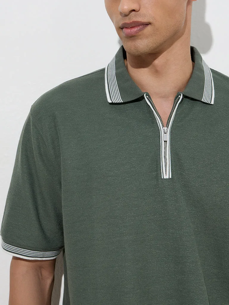 WES Casuals Olive Quarter Zip Polo T-Shirt
