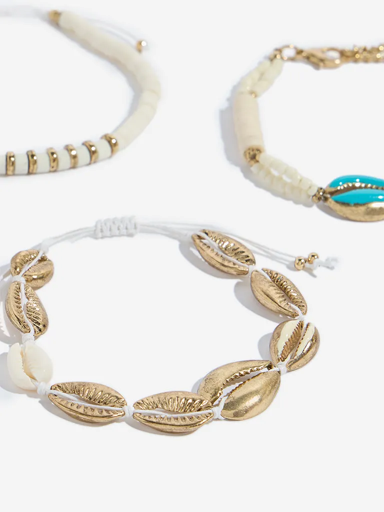 Westside Accessories Gold & White Shell Statement Bracelet Set - Pack of 3